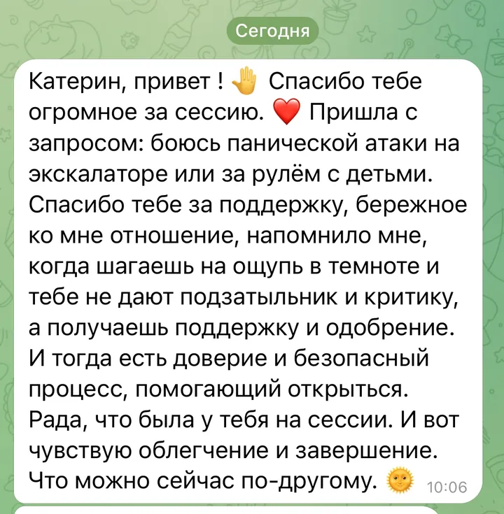 Отзыв: Пришла с запросом: боюсь панической атаки на эскалаторе или за рулём с детьми. Спасибо за поддержку и бережное отношение…